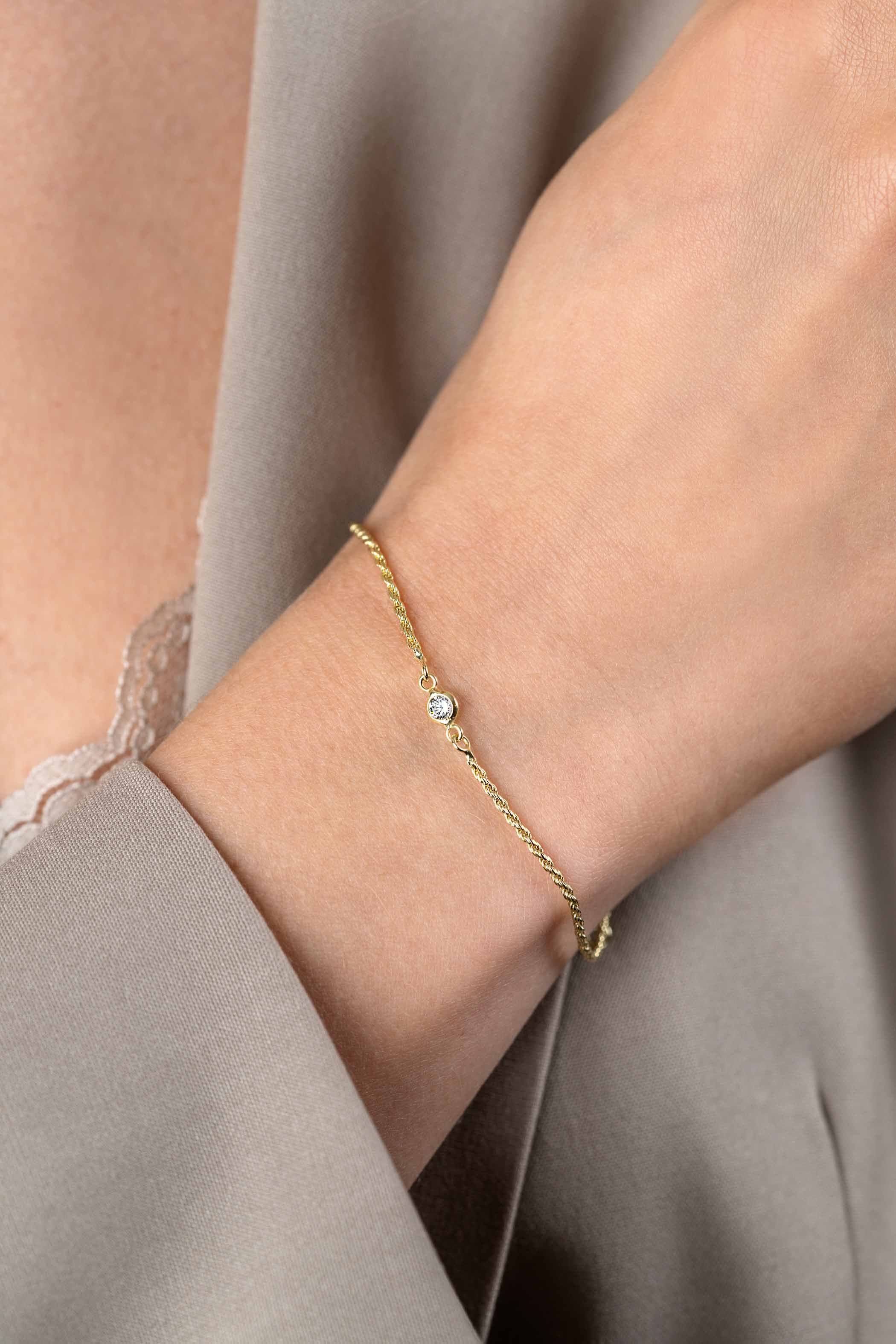 ZINZI Gold Plated Sterling Silver Rope Chain Bracelet Set with a Round White Zirconia 17-20cm ZIA2461Y