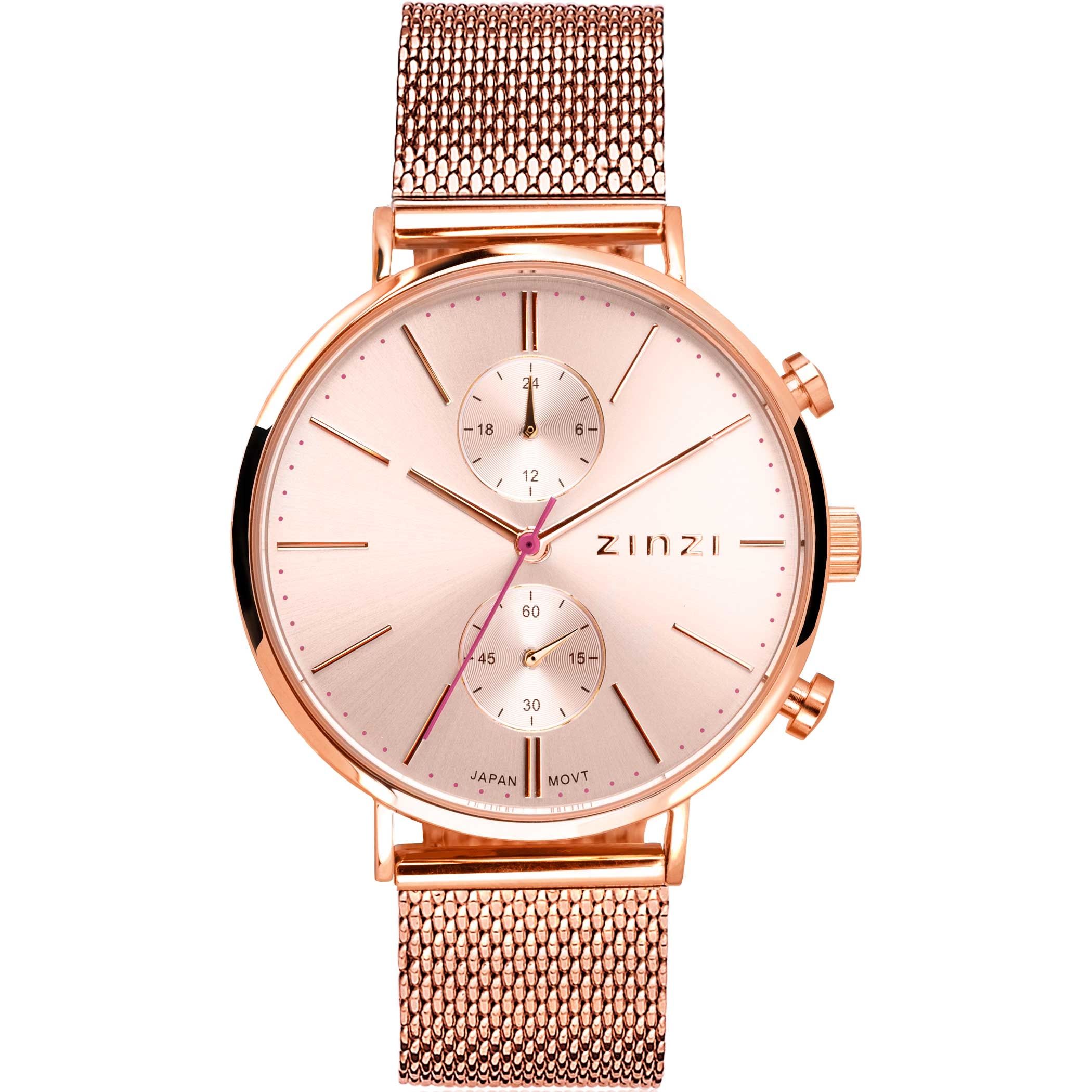 ZINZI Traveller Watch 39mm Rose Gold Colored Dial Stainless Steel Case and Mesh Strap with dual time ZIW705M