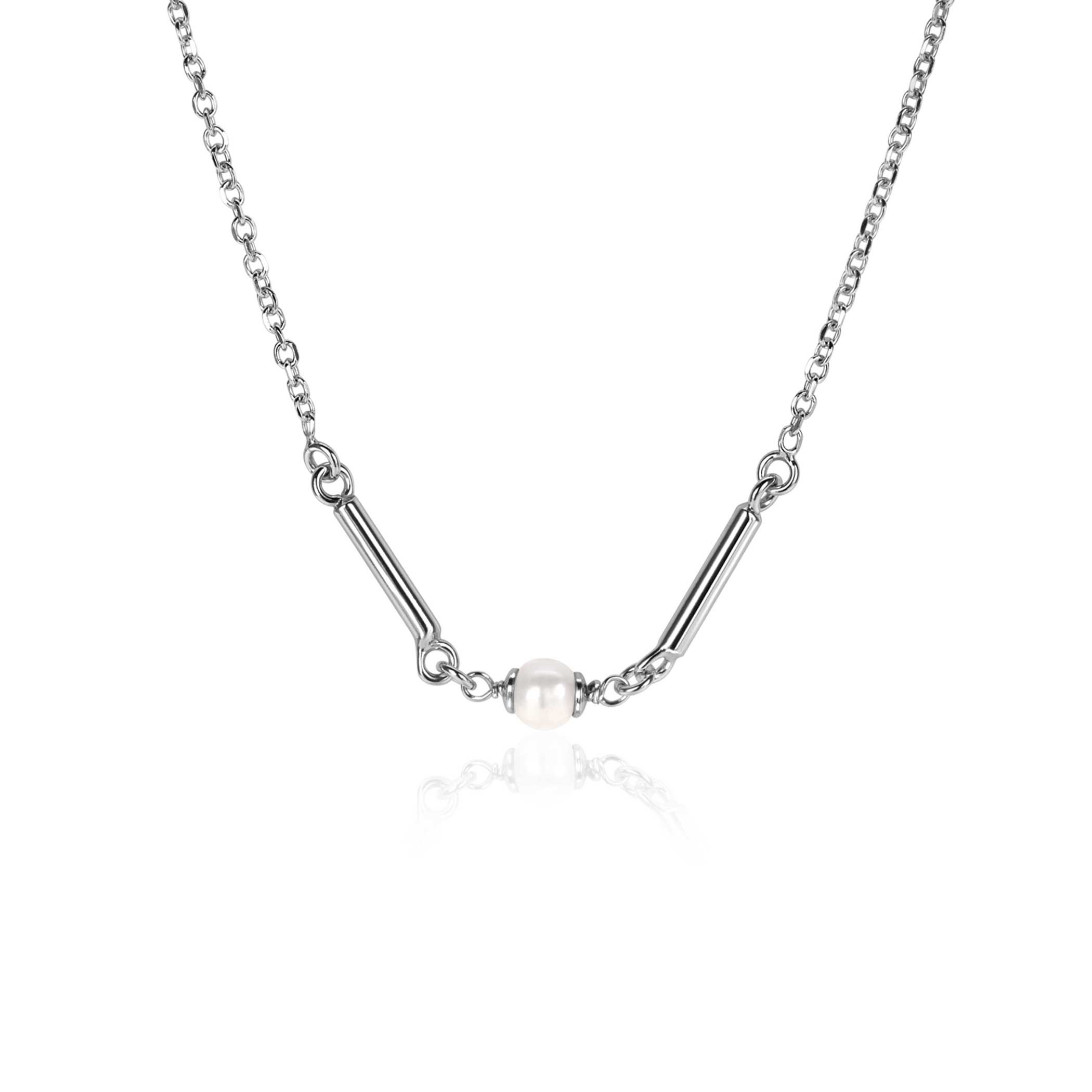 ZINZI silver link necklace with two shiny bars and a white freshwater pearl, 42-45cm, ZIC-BF108
