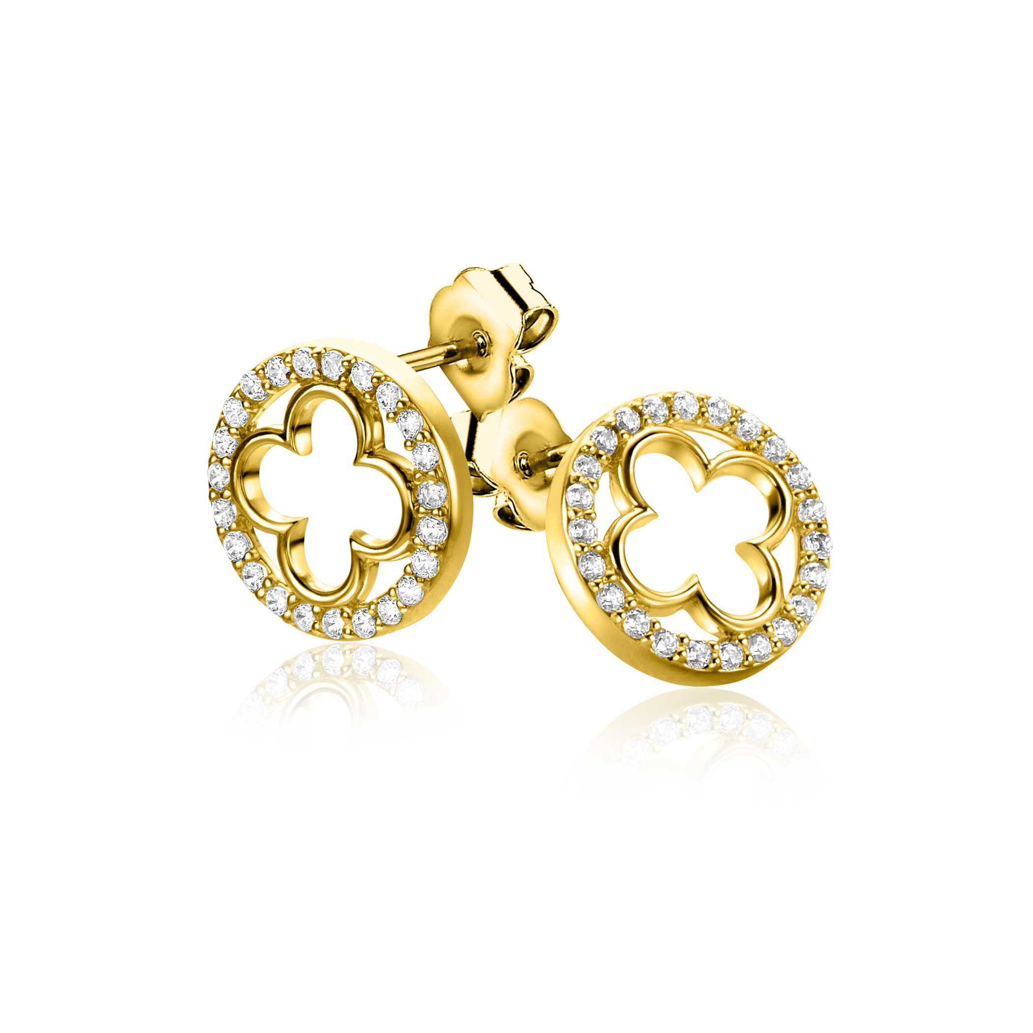 11mm ZINZI gold-plated silver stud earrings with a clover and rounded edge, adorned with white zirconia, ZIO-BF116Y