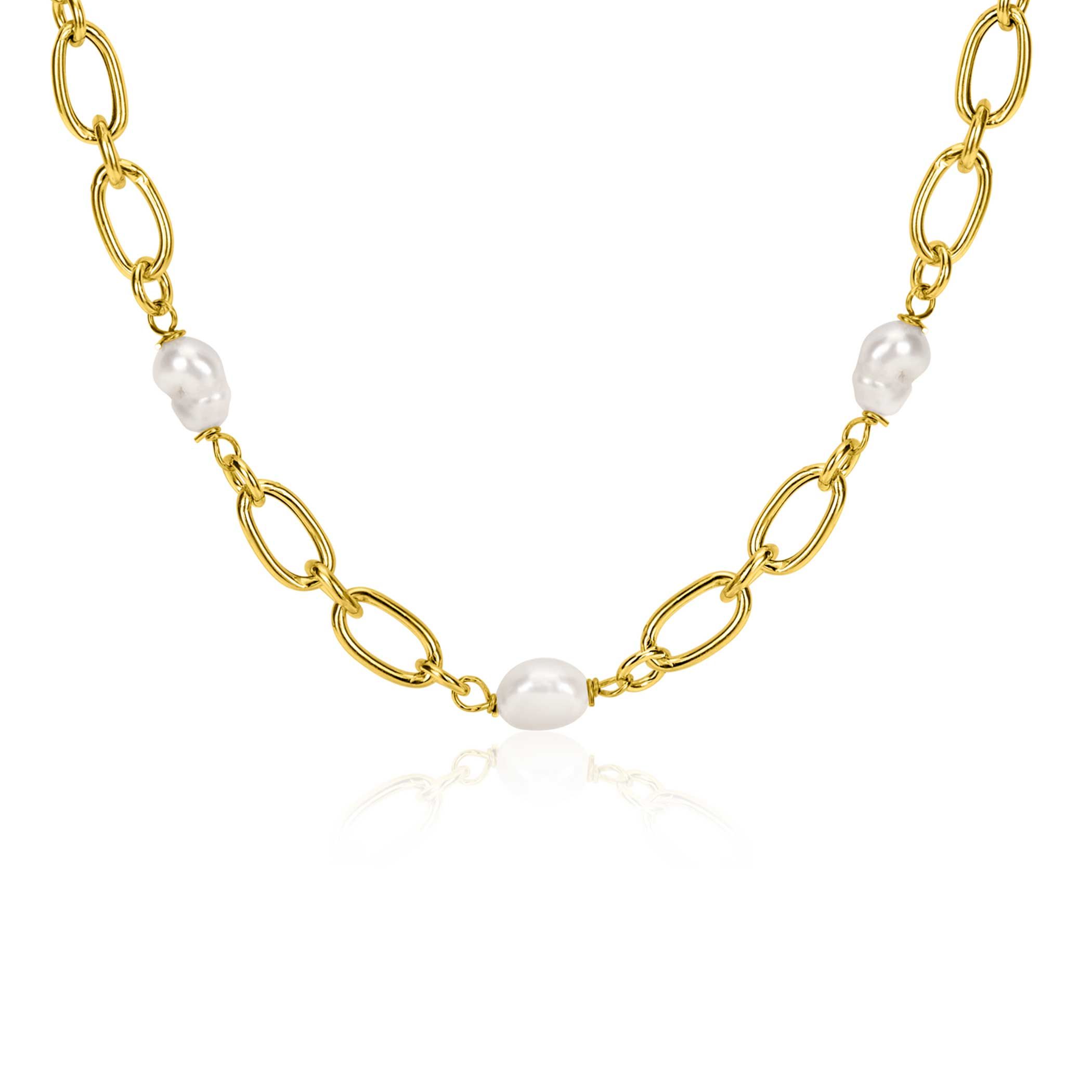 ZINZI gold-plated silver link necklace with white freshwater pearls, 49cm, ZIC-BF112G