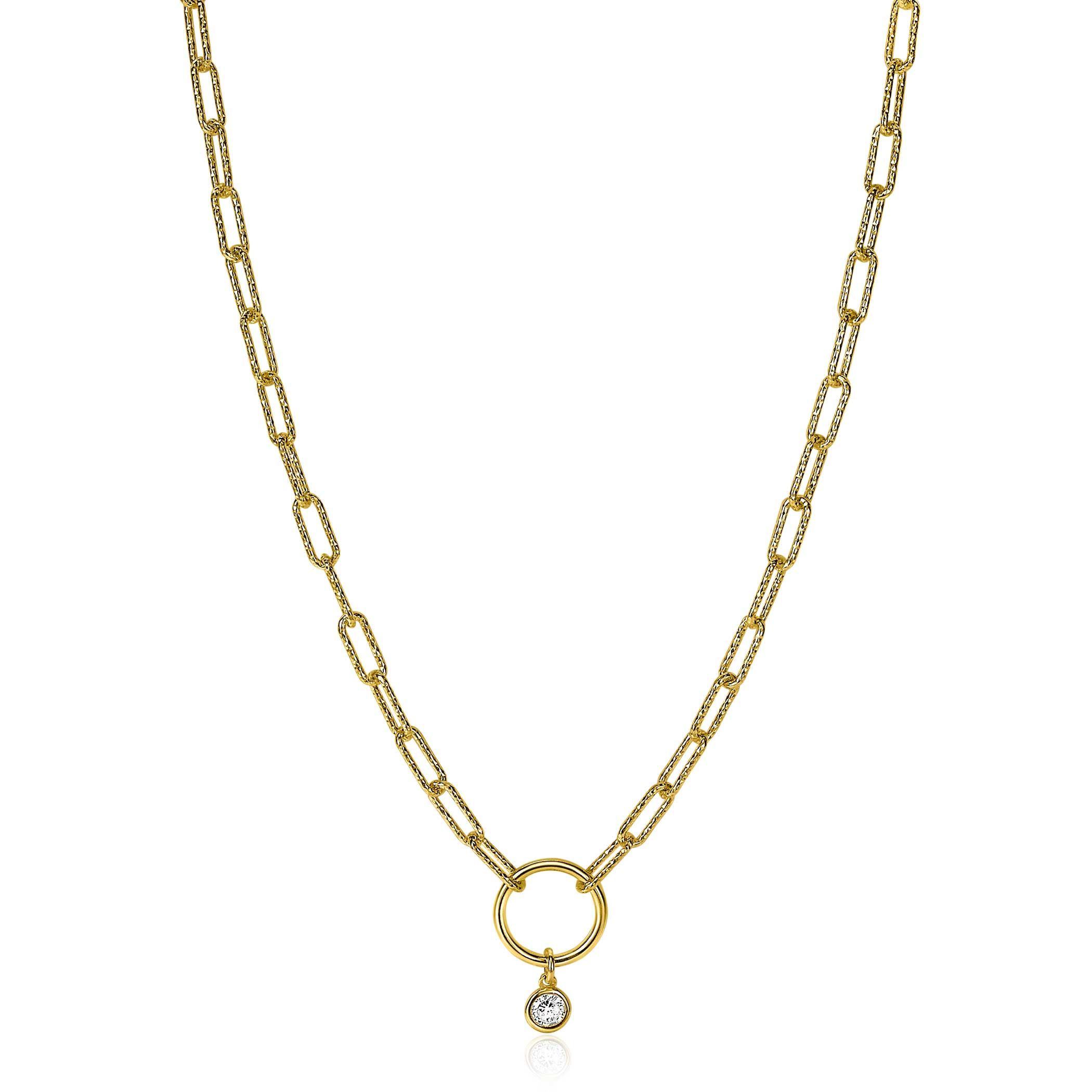 ZINZI Gold Plated Sterling Silver Paperclip Chain Necklace Round White Zirconia 45cm ZIC2200Y