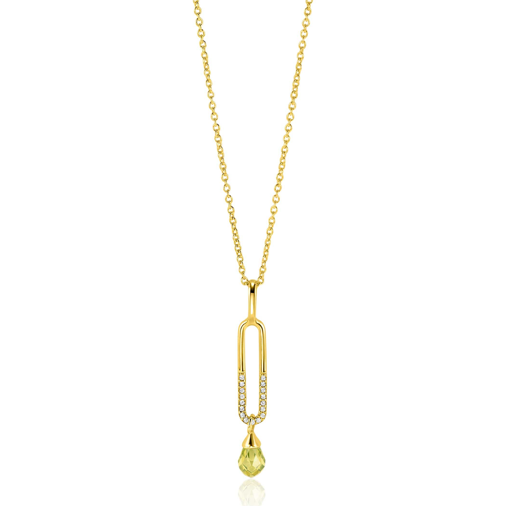 37mm ZINZI Gold Plated Sterling Silver Pendant with Trendy Open Oval Shape White and Drop Pendant Green Peridot ZIH2430 (excl. necklace)