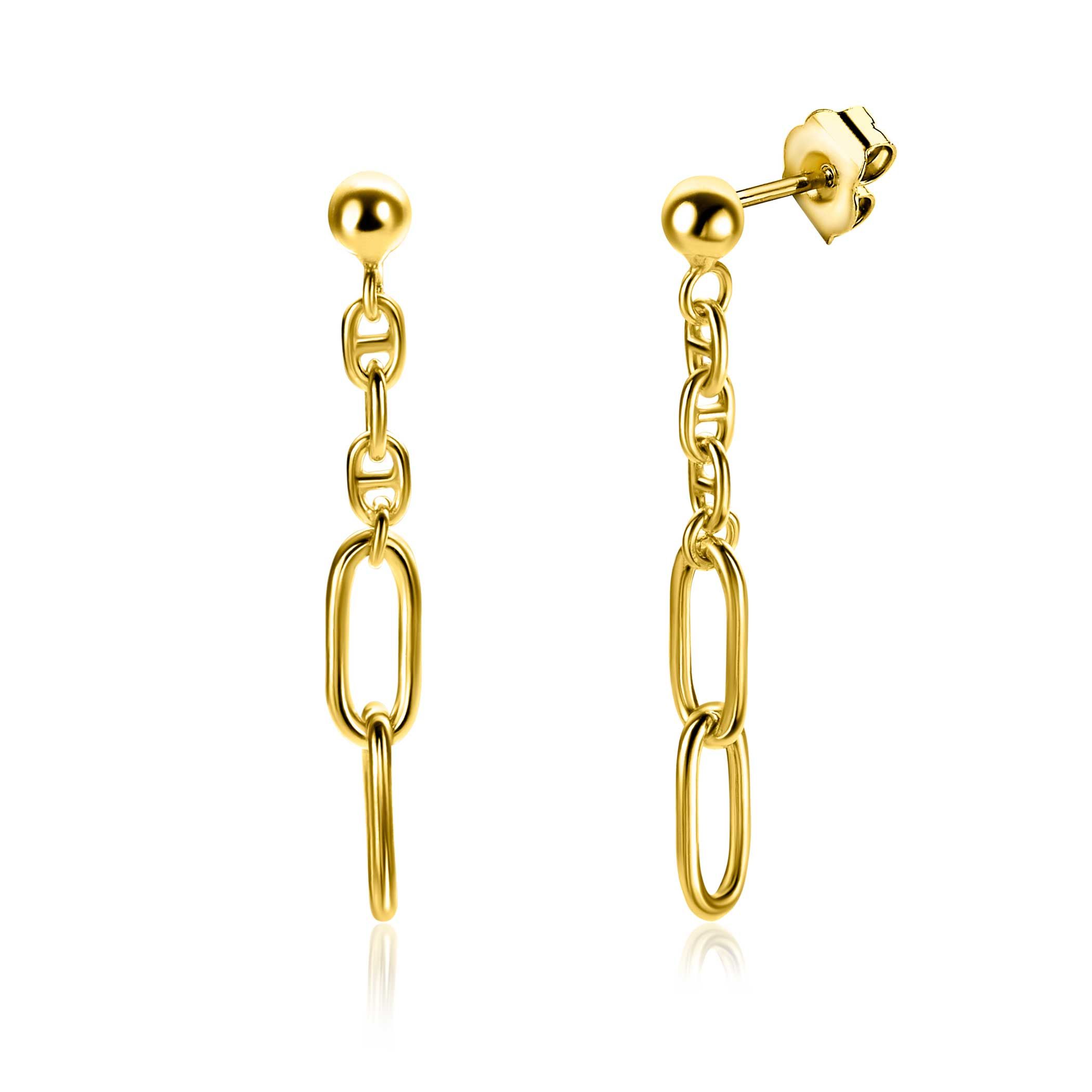 35mm ZINZI Gold Plated Sterling Silver Stud Earrings with Marine Chain and 2 Oval Chains ZIO2413G