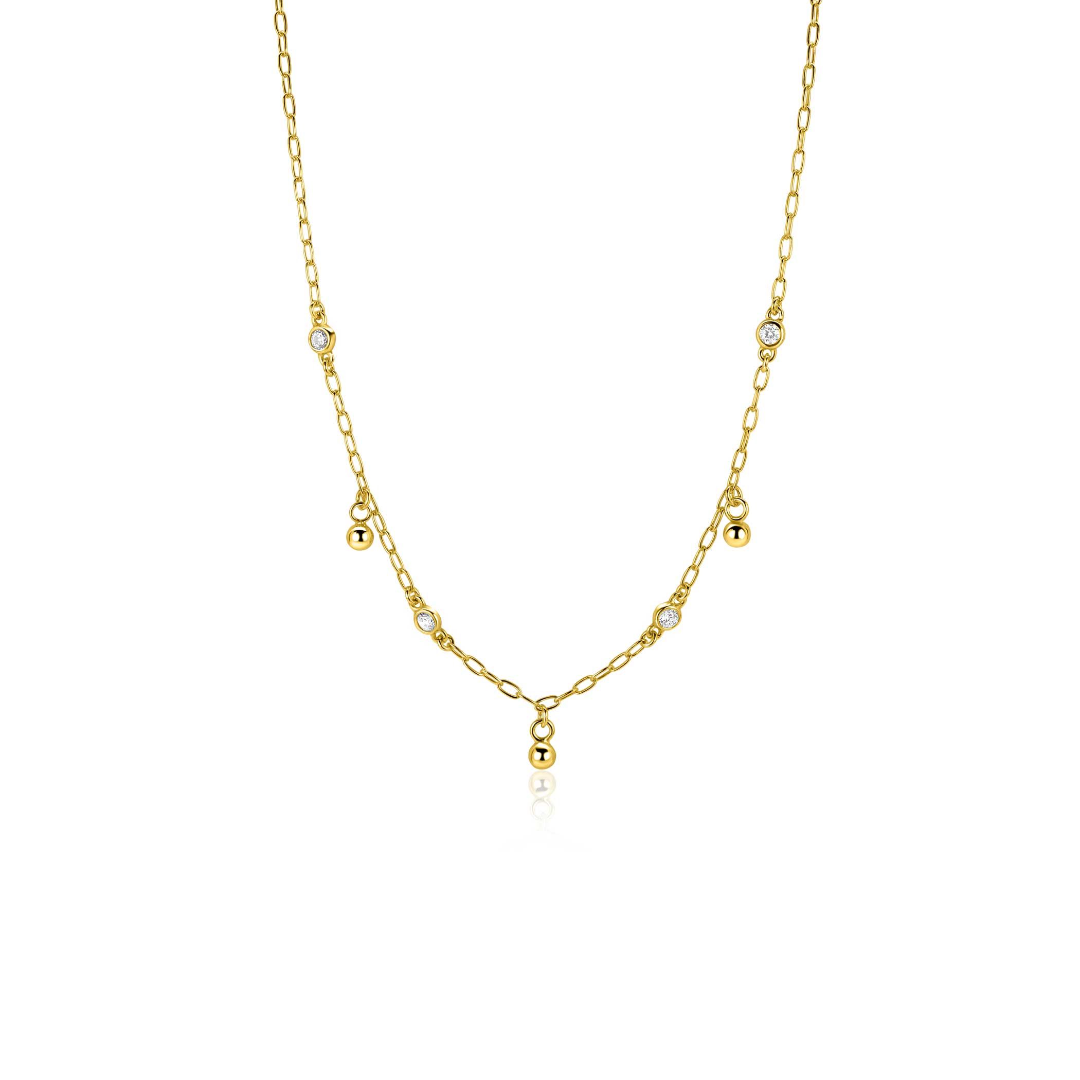 ZINZI gold plated silver link necklace with four white cubic zirconias and three round beads, evenly distributed across the necklace 42-45cm ZIC2658