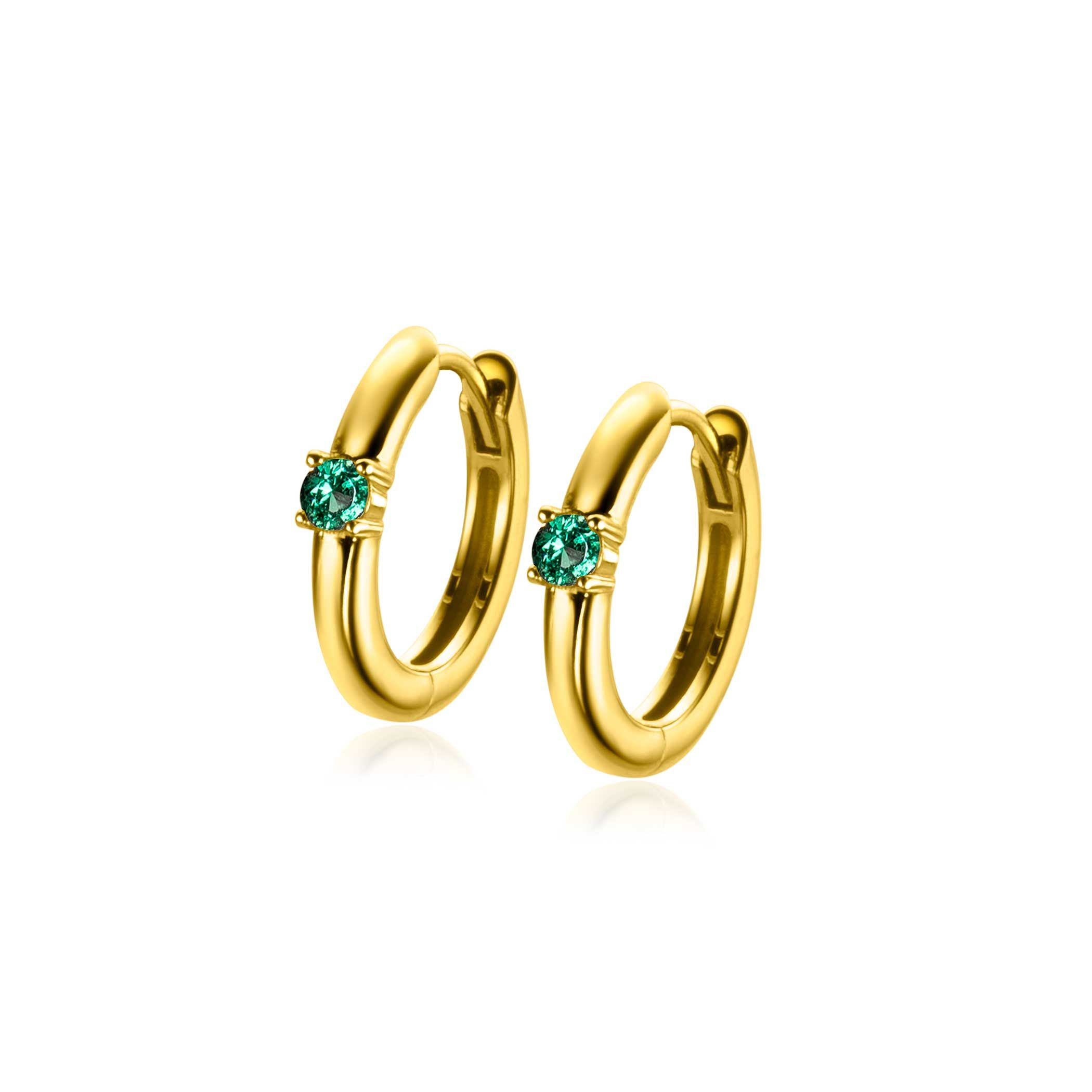May Hoop Earrings 13mm Gold Plated with Birthstone Green Emerald Zirconia