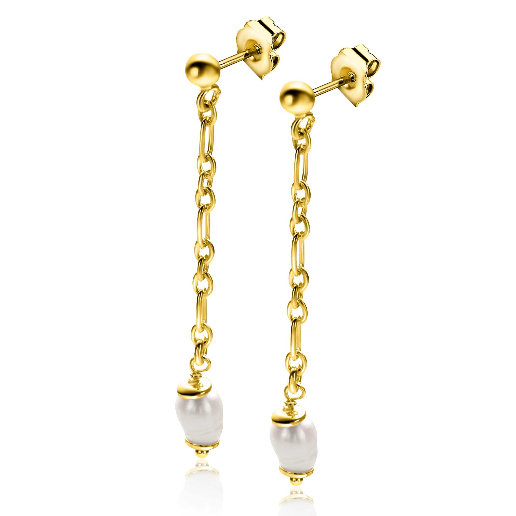 40mm ZINZI gold plated silver stud earrings with long link chain, including white freshwater pearl ZIO2588