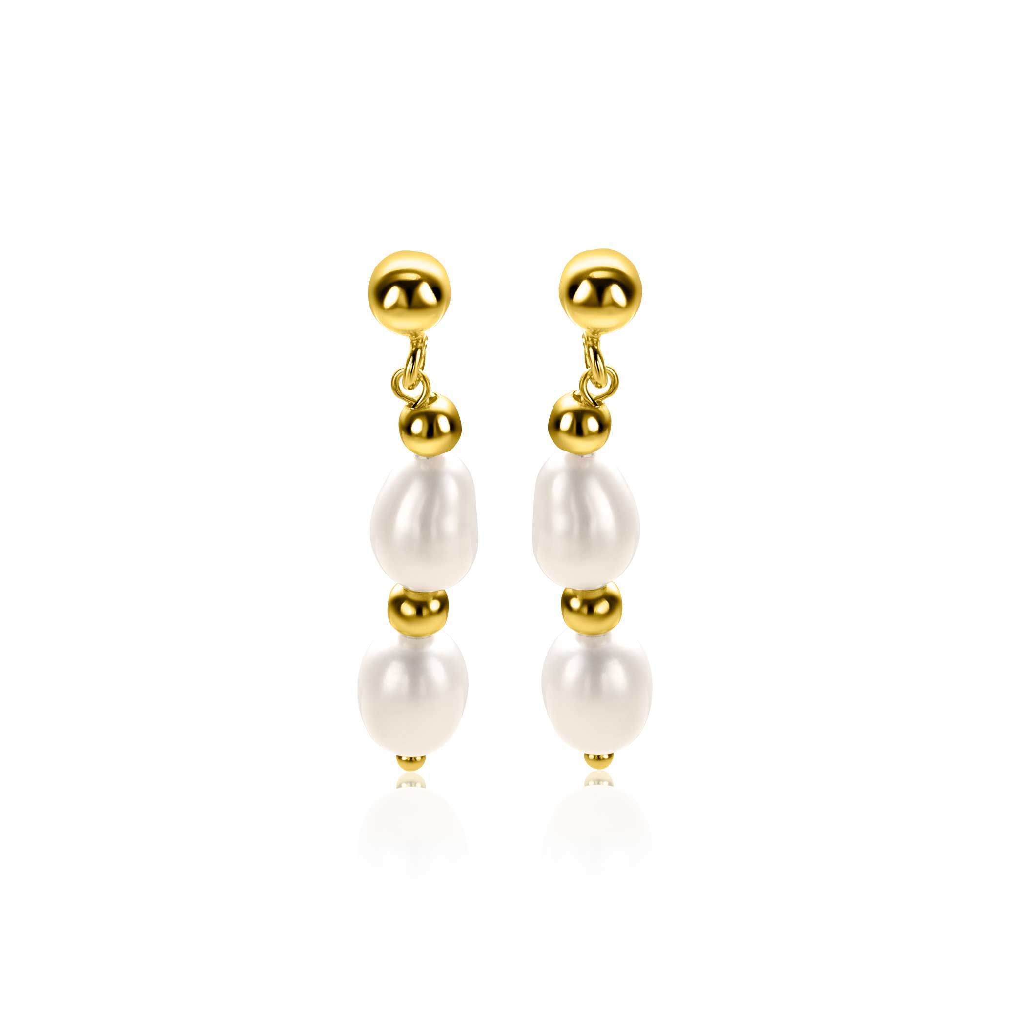 30mm ZINZI gold-plated silver stud earrings with shiny beads and two white freshwater pearls, ZIO-BF121