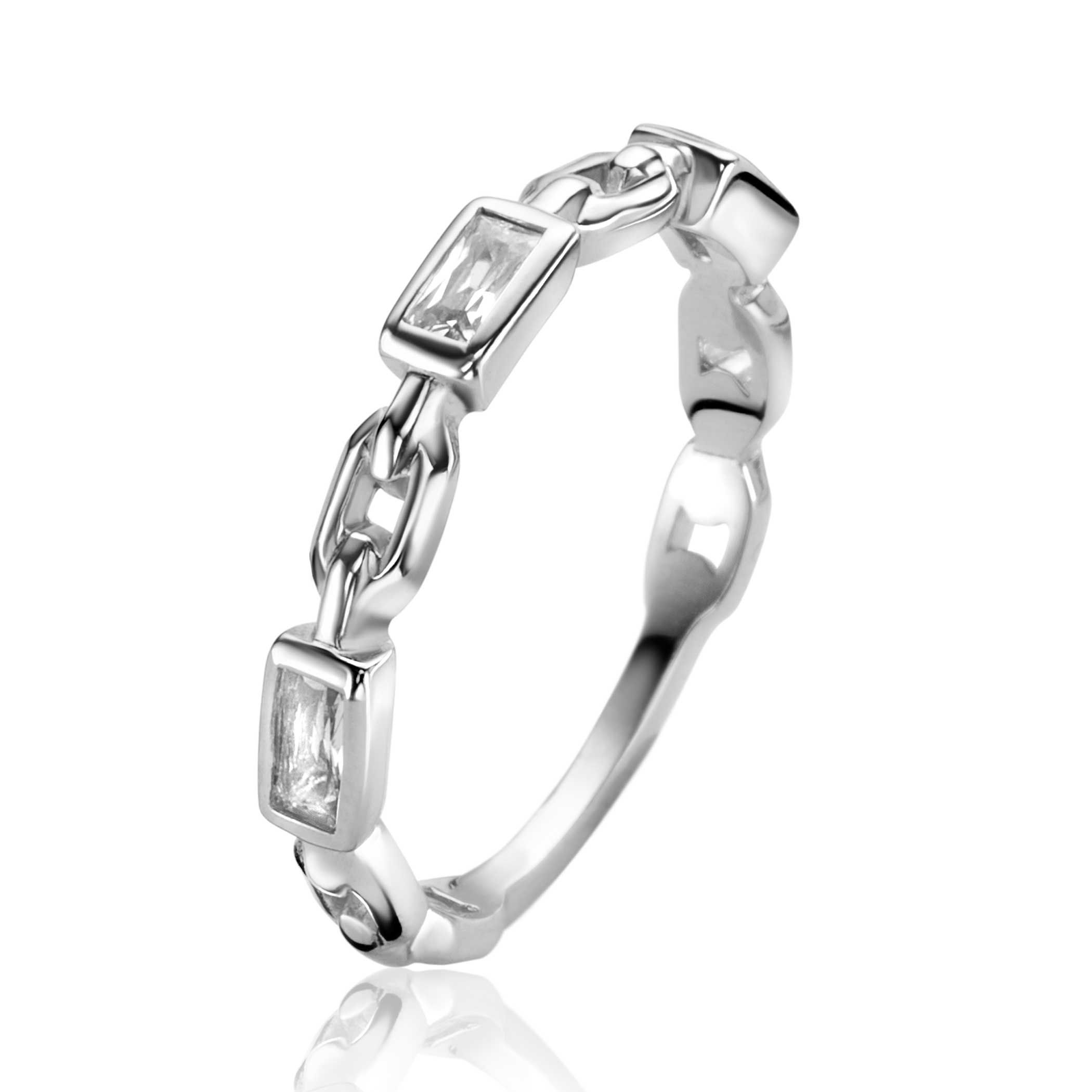 ZINZI Sterling Silver Stackable Ring Paperclip Chains and 3 Rectangular Settings Set with White Zirconia ZIR2427