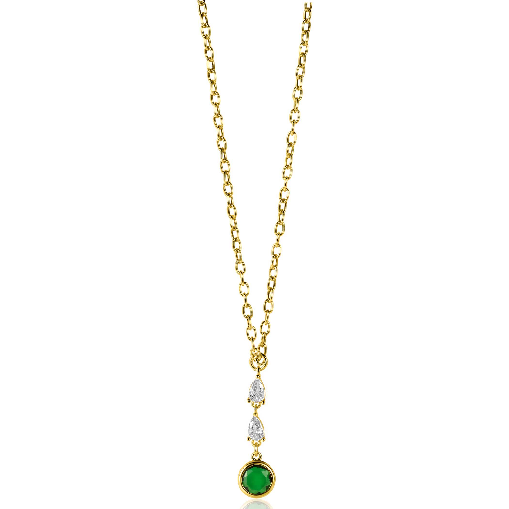 ZINZI Gold Plated Sterling Silver Chain Necklace with Beautiful Pendant (31mm): 2 Triangle Settings with White Zirconias and a Round Green Color Stone 40-45cm ZIC-BF69G