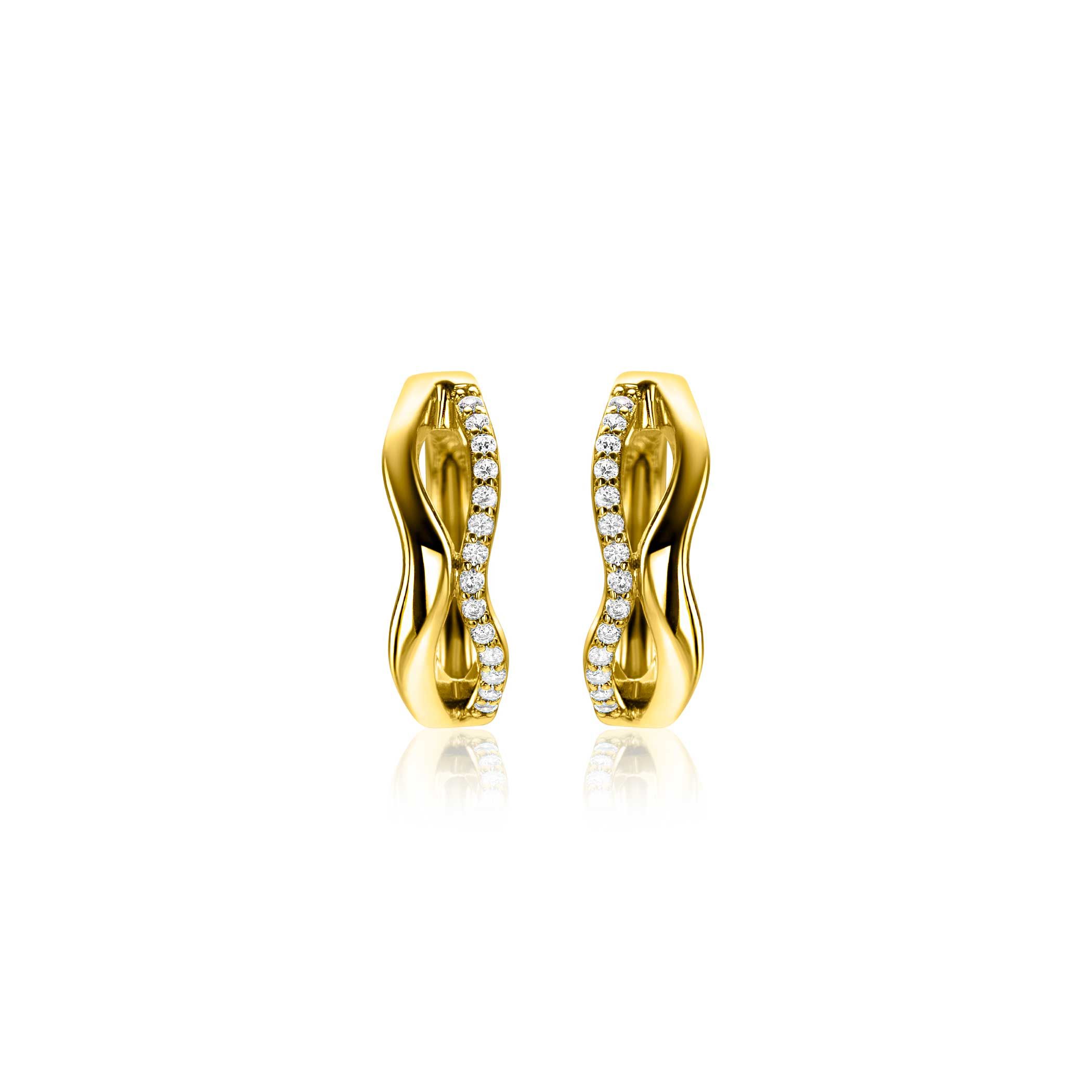 15mm ZINZI gold plated silver hoops organically shaped with two wavy lines, one of which is set with white zirconia, with luxury hinge closure ZIO2629Y
