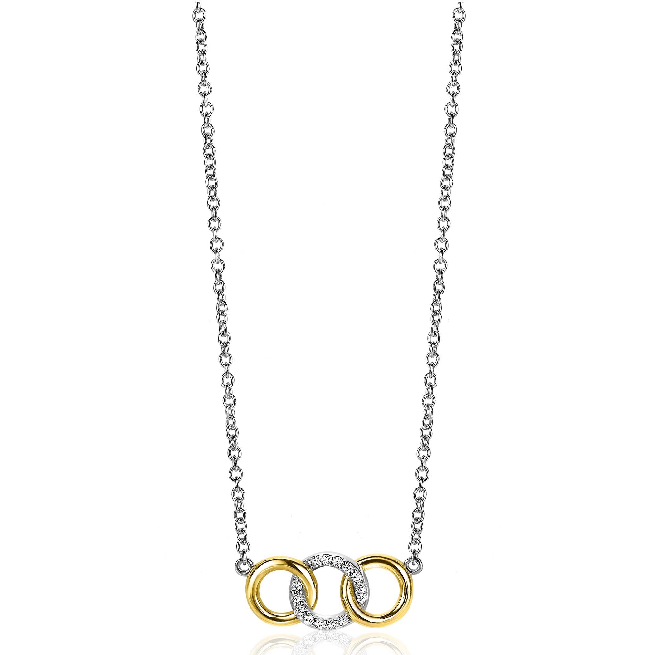 ZINZI Gold Plated Sterling Silver Necklace with 3 Connected Open Circles White Zirconias 45cm ZIC2045G