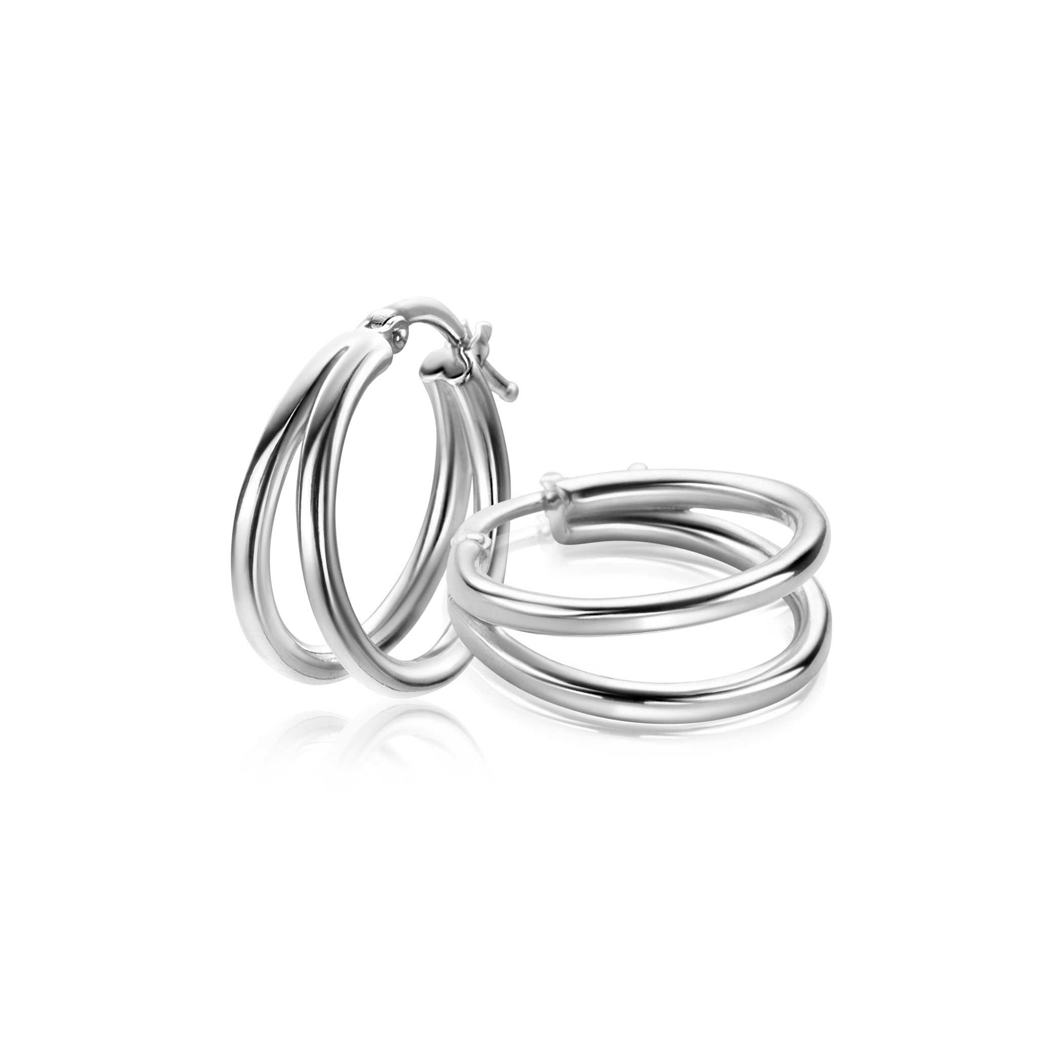 19mm ZINZI silver multi-look hoops with a trendy double tube and a practical top closure, ZIO-BF113