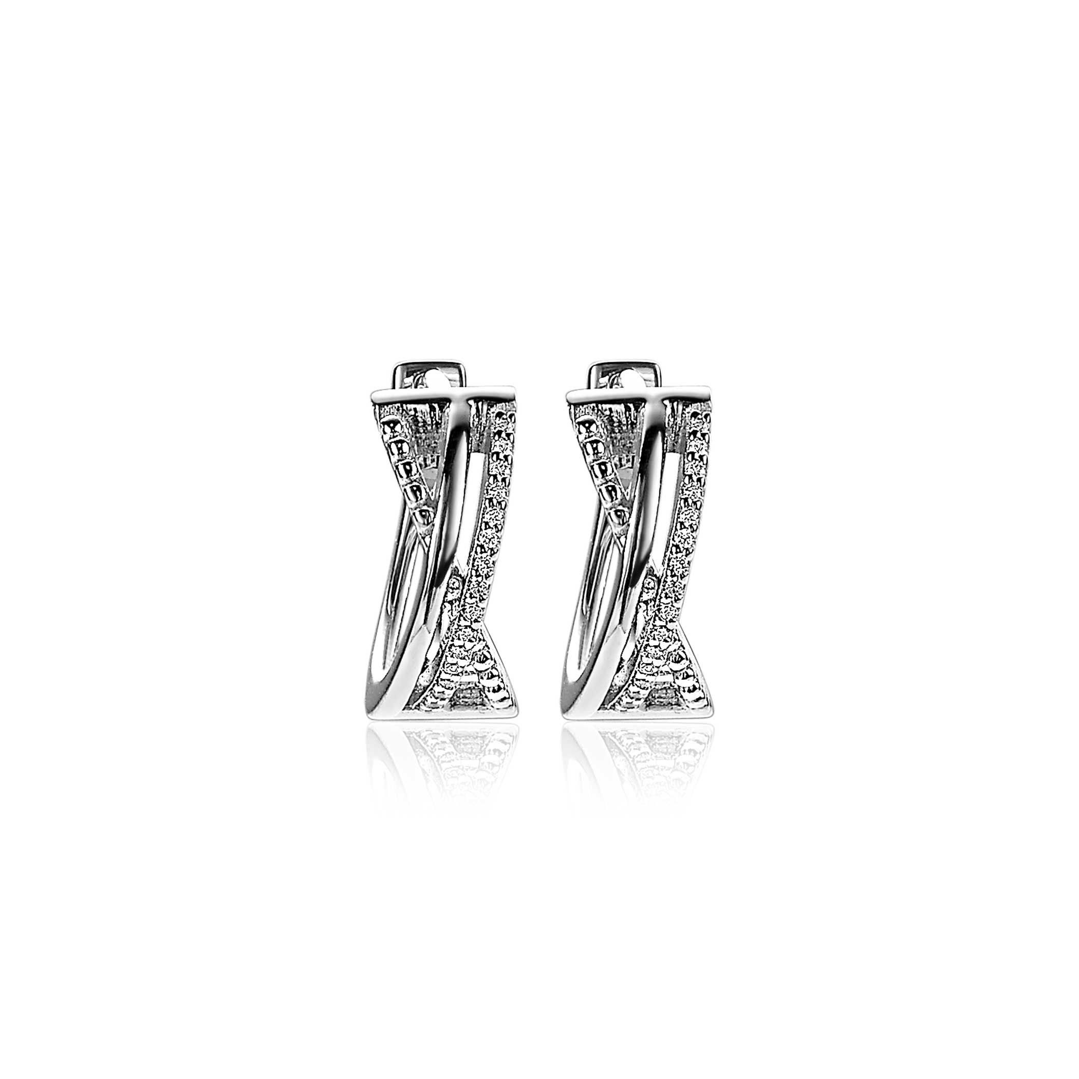 15mm ZINZI Sterling Silver Crossover Hoop Earrings Beads White Zirconias 15x6mm ZIO2141
