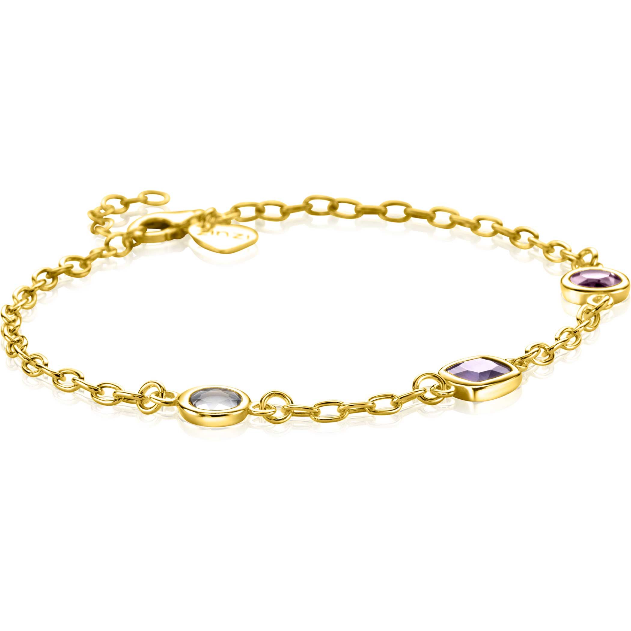 ZINZI Gold Plated Sterling Silver Chain Bracelet with Round and Square Settings with Pastel and Purple Color Stone 17-20cm ZIA2525G