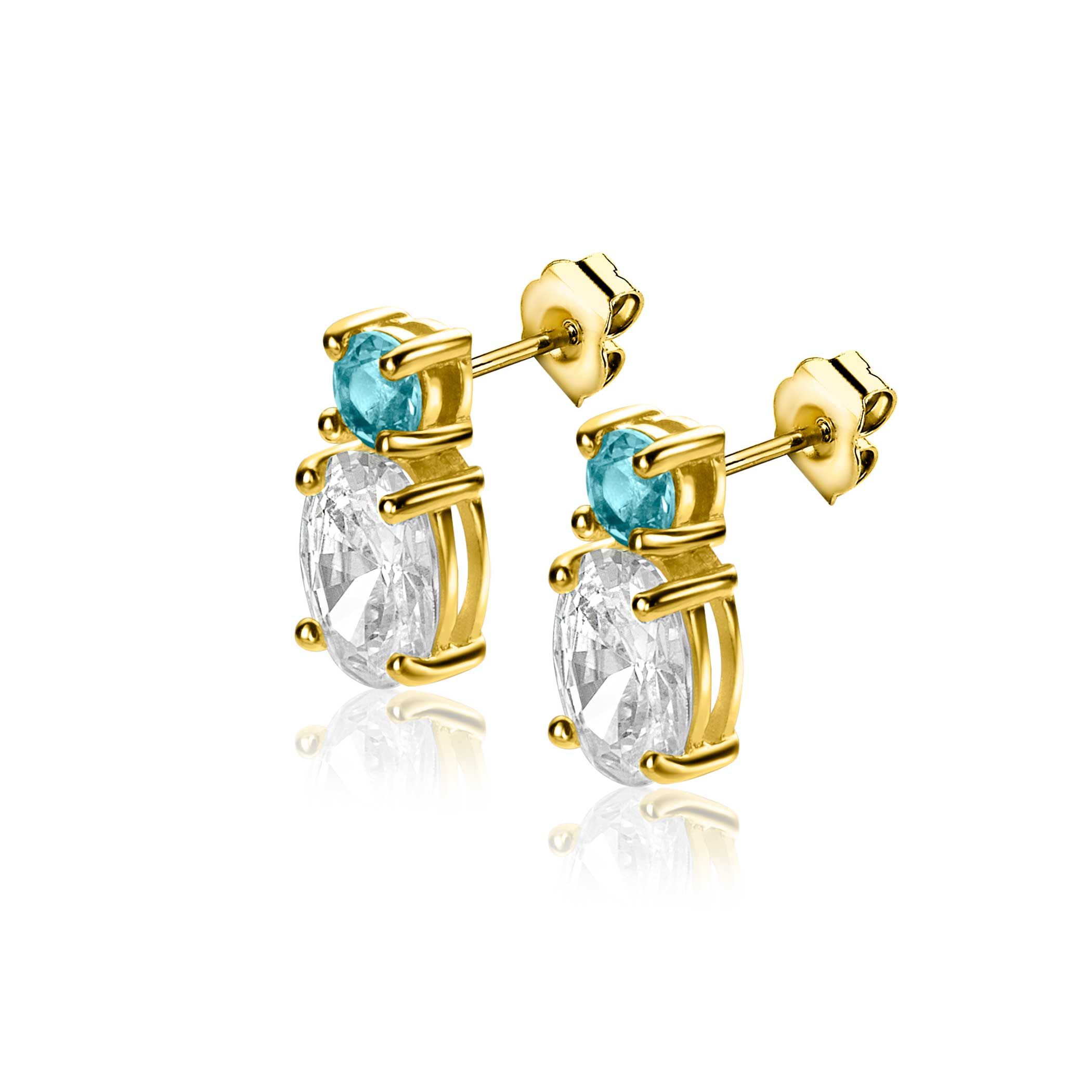 12mm ZINZI Gold Plated Sterling Silver Stud Earrings Set with a Small Round Green Color Stone and Oval White Zirconia ZIO2438
