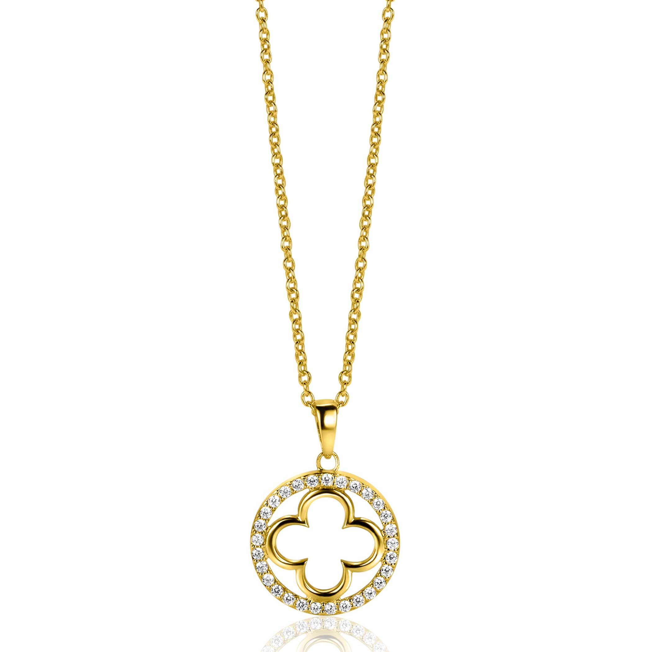 ZINZI gold plated silver necklace with luxury clover pendant (15mm) fully set with white zirconia 45-48cm ZIC2617Y