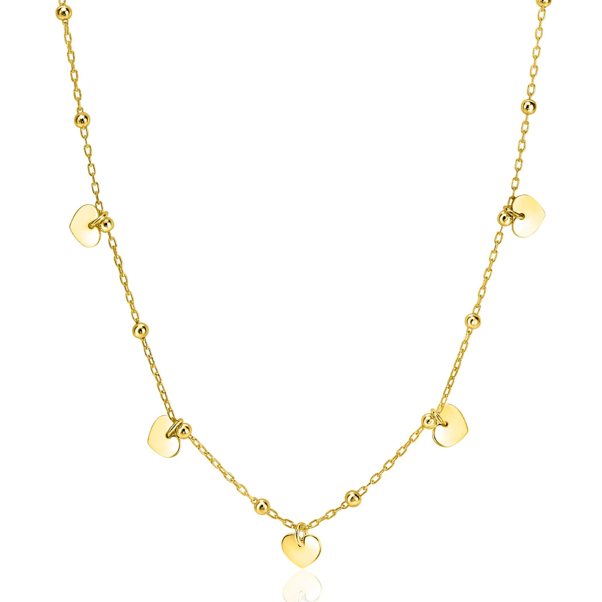 ZINZI Gold Plated Sterling Silver Chain Necklace with Beads and 5 Shiny Heart Charms 42-45cm ZIC2531G