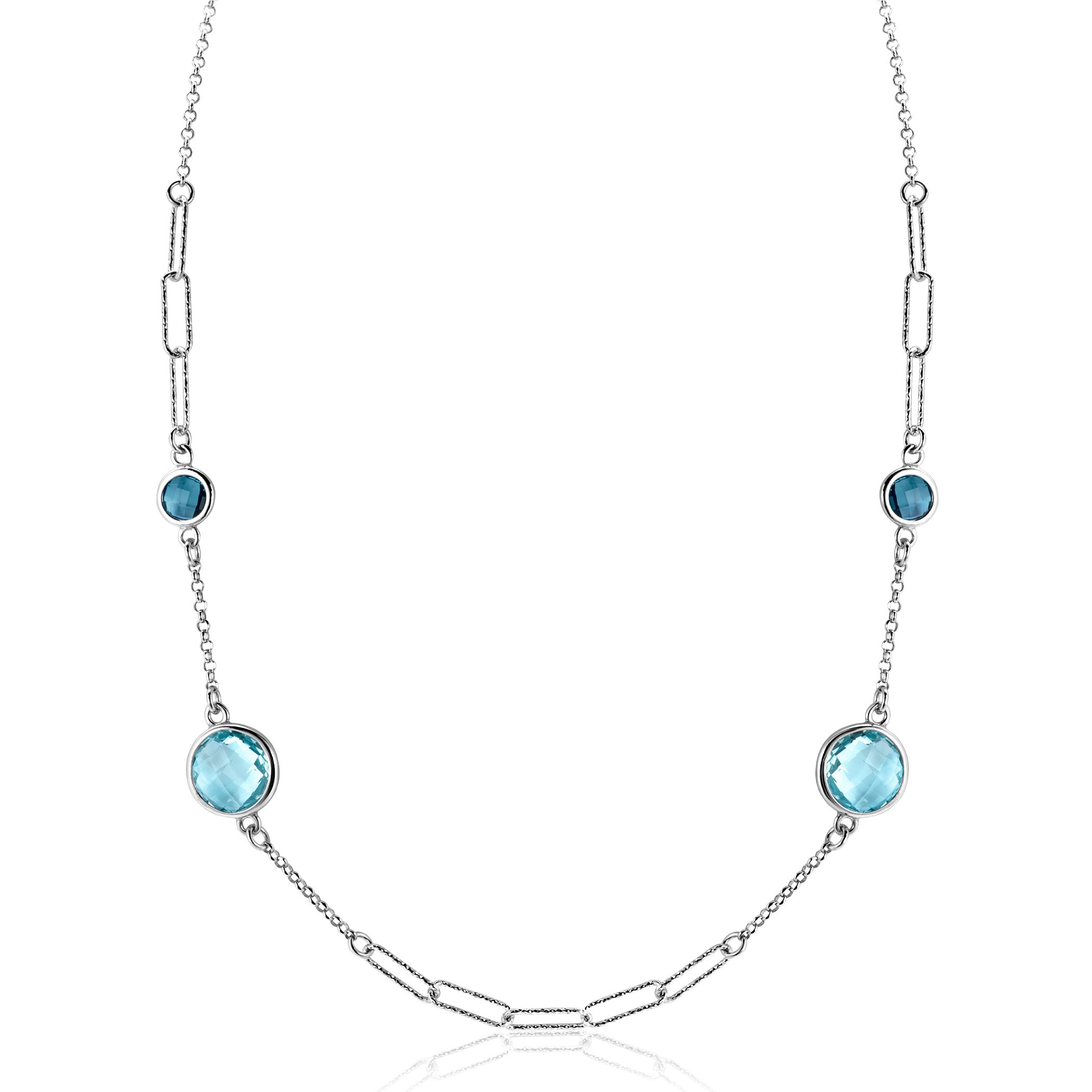 ZINZI Sterling Silver Fantasy Necklace with Paperclip Chains and 4 Round Settings Set with Light Blue and Indigo Blue Color Stones 40-45cm ZIC2418