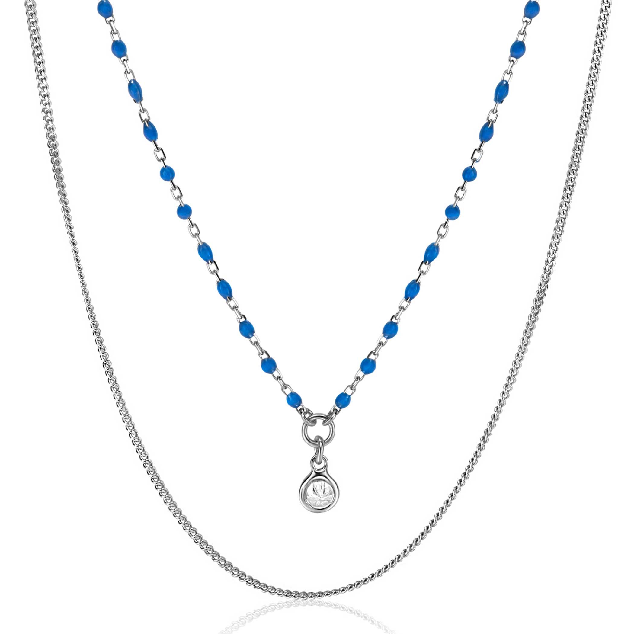ZINZI Sterling Silver Multi-look Necklace Curb and Blue Bead Chain with Round Setting with White Zirconia 42-45cm ZIC2529