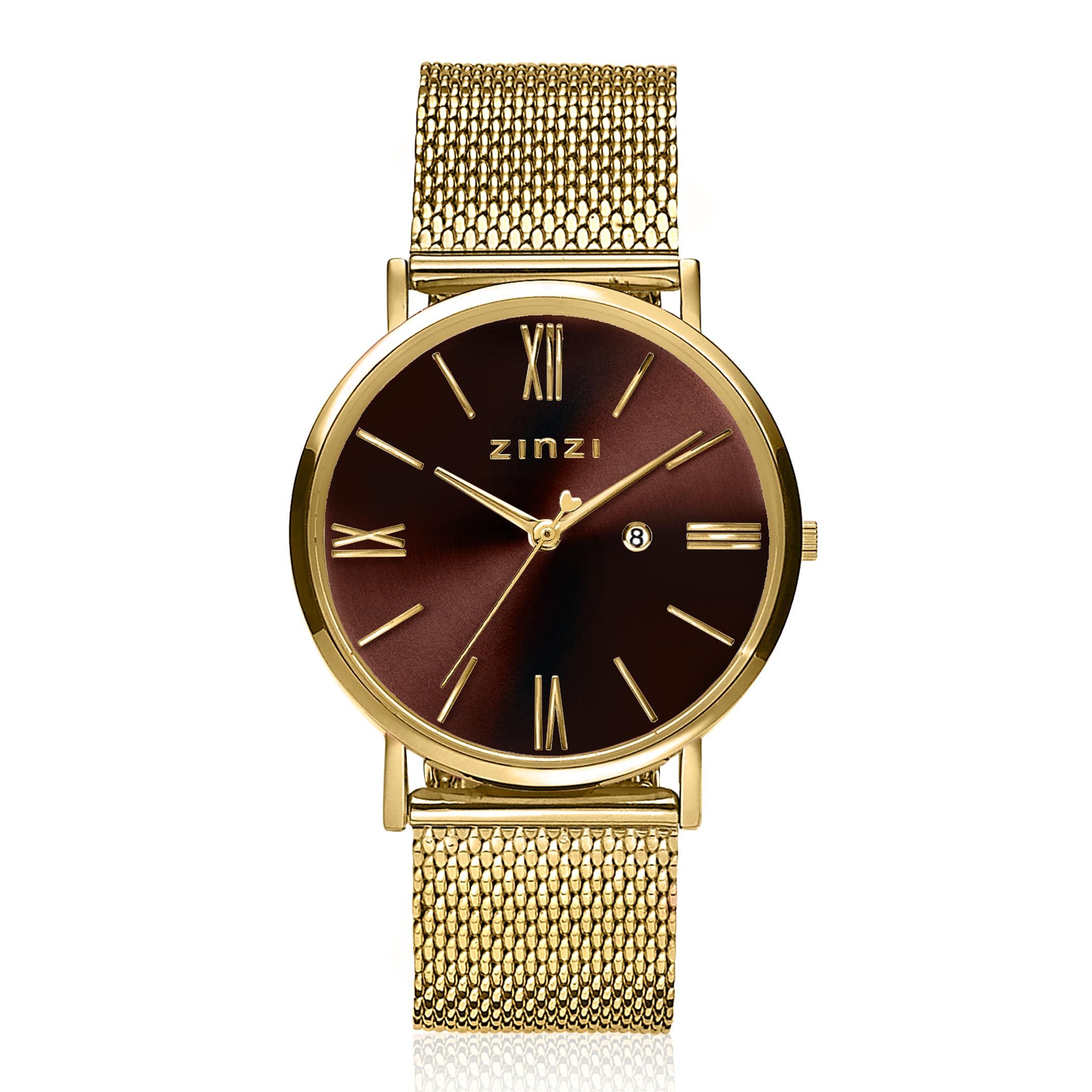 ZINZI Roman Watch 34mm Brown Dial Gold Colored Stainless Steel Case and Mesh Strap  ZIW536M