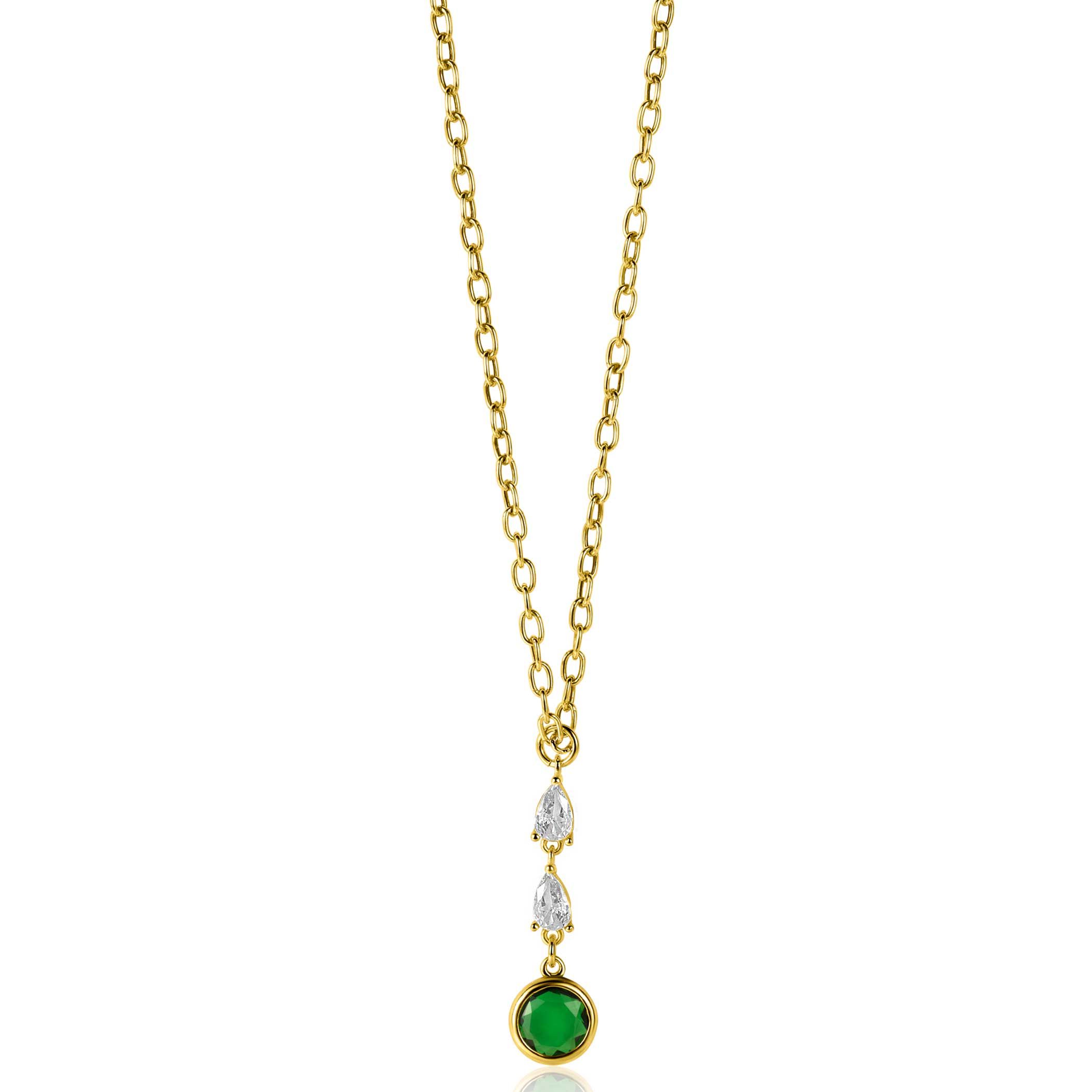 ZINZI Gold Plated Sterling Silver Chain Necklace with Beautiful Pendant (31mm): 2 Triangle Settings with White Zirconias and a Round Green Color Stone 40-45cm ZIC-BF69G