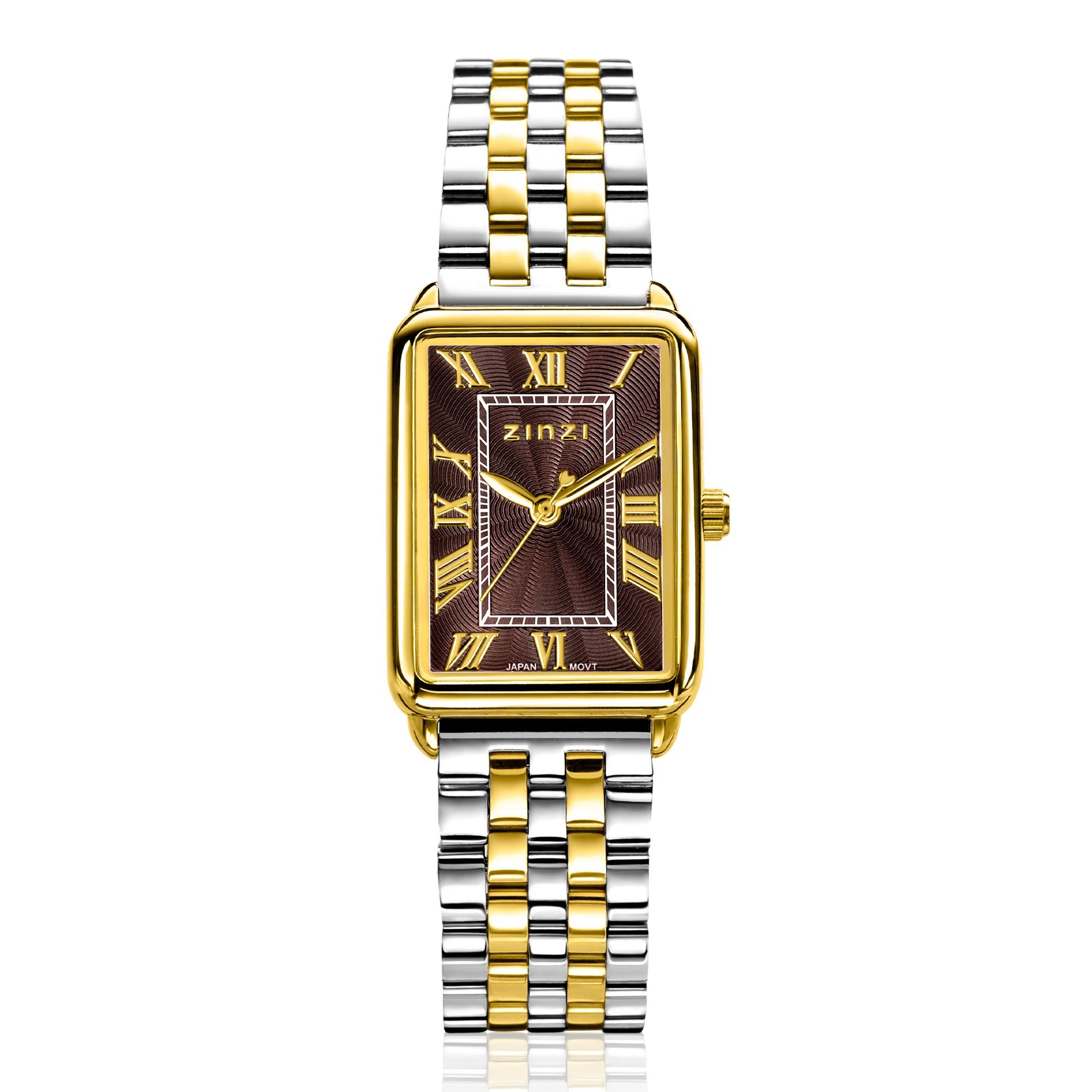 ZINZI Elegance Watch 28mm Brown Dial and Rectangular Case Stainless Steel bicolor Chain Strap Japanese movement ZIW1936