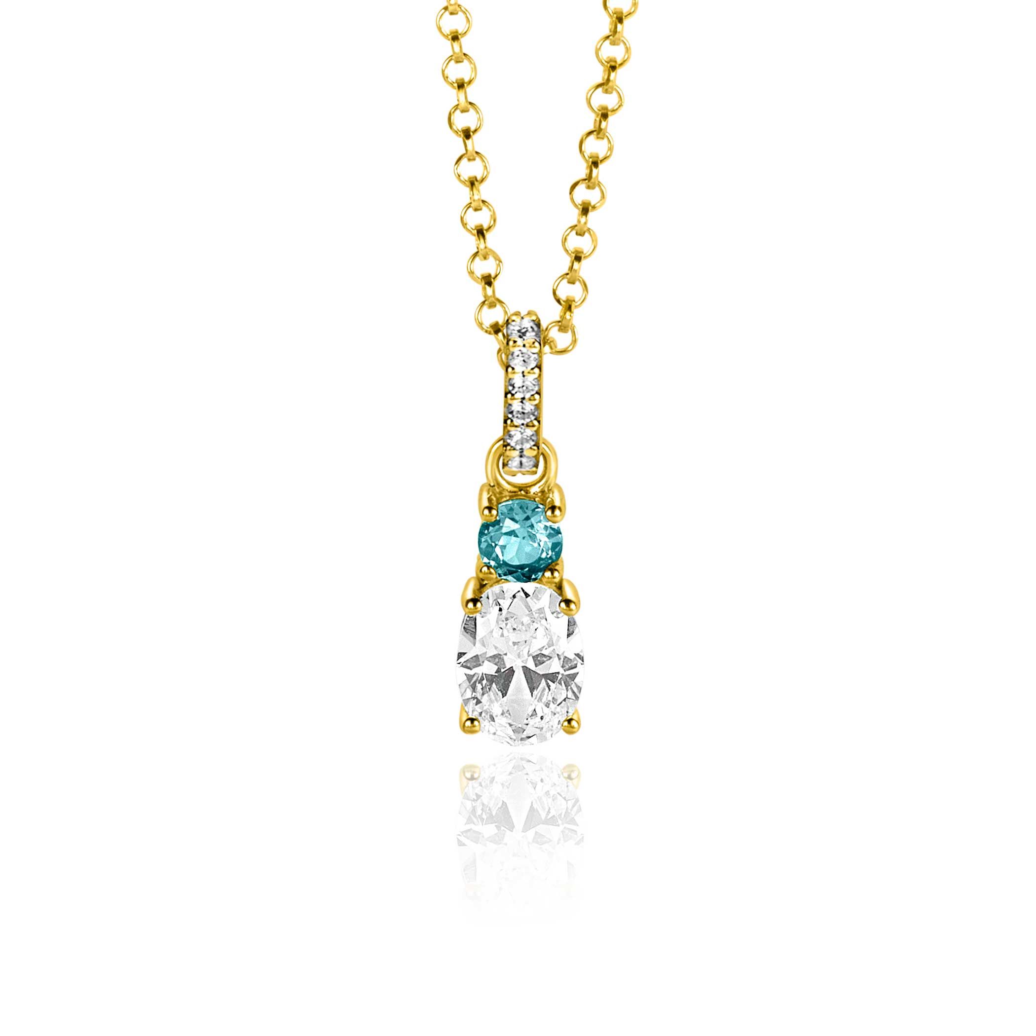 19mm ZINZI Gold Plated Sterling Silver Pendant 2 Prong Settings Blue and White Zirconia with Luxurious Bail ZIH2438 (excl. necklace)