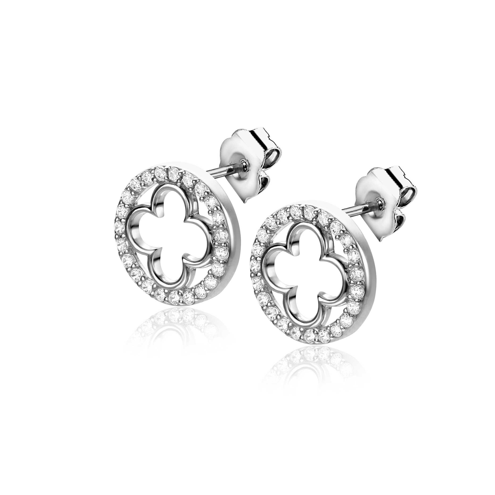 11mm ZINZI silver stud earrings with a clover and rounded edge, adorned with white zirconia, ZIO-BF116