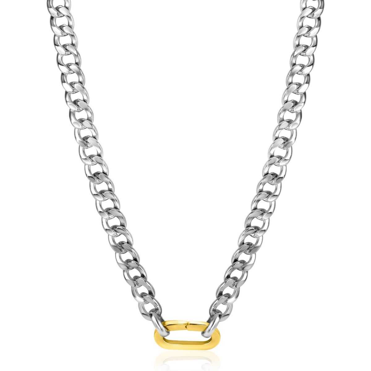 ZINZI Sterling Silver Curb Chain Statement Necklace 42cm with Gold Plated Oval Clasp ZIC2378