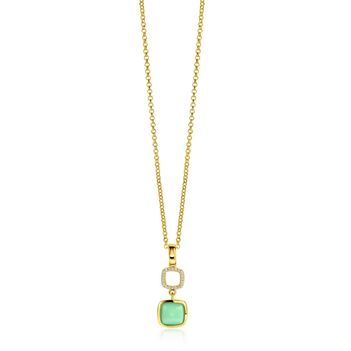 30mm ZINZI Gold Plated Sterling Silver Pendant Square Two-sided with White Onyx and Mint Green Color Stone ZIH2308 (excl. necklace)