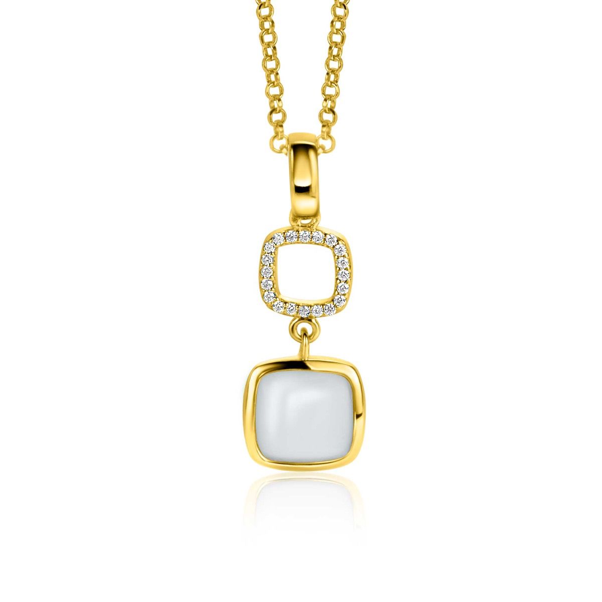 30mm ZINZI Gold Plated Sterling Silver Pendant Square Two-sided with White Onyx and Mint Green Color Stone ZIH2308 (excl. necklace)