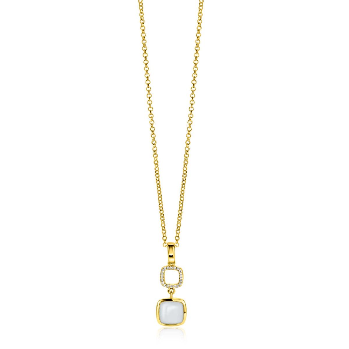 30mm ZINZI Gold Plated Sterling Silver Pendant Square Two-sided with White Onyx and Mint Green Color Stone ZIH2308 (excl. necklace)