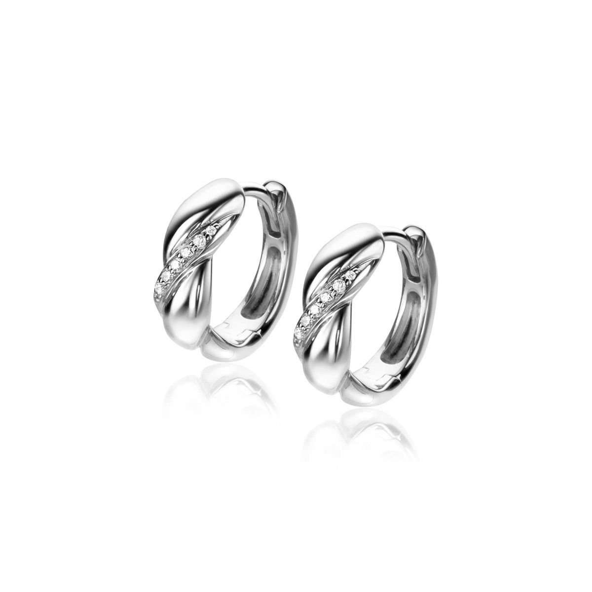14mm ZINZI Sterling Silver Hoop Earrings Twist Design and White Zirconias width 5mm ZIO2295
