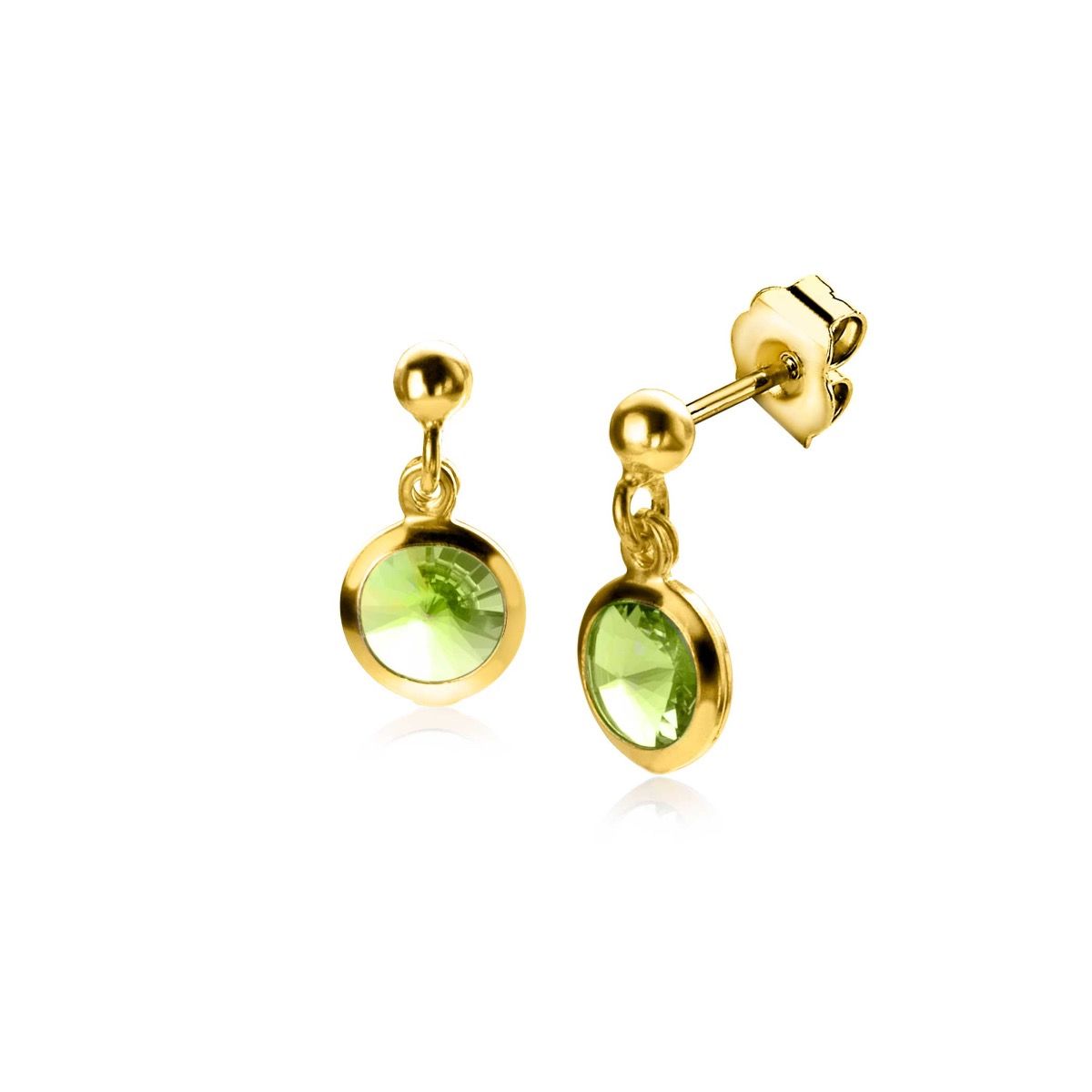 7mm ZINZI Gold Plated Sterling Silver Stud Earrings Bead with Dangling Round Green Swarovski Crystal ZIO2348