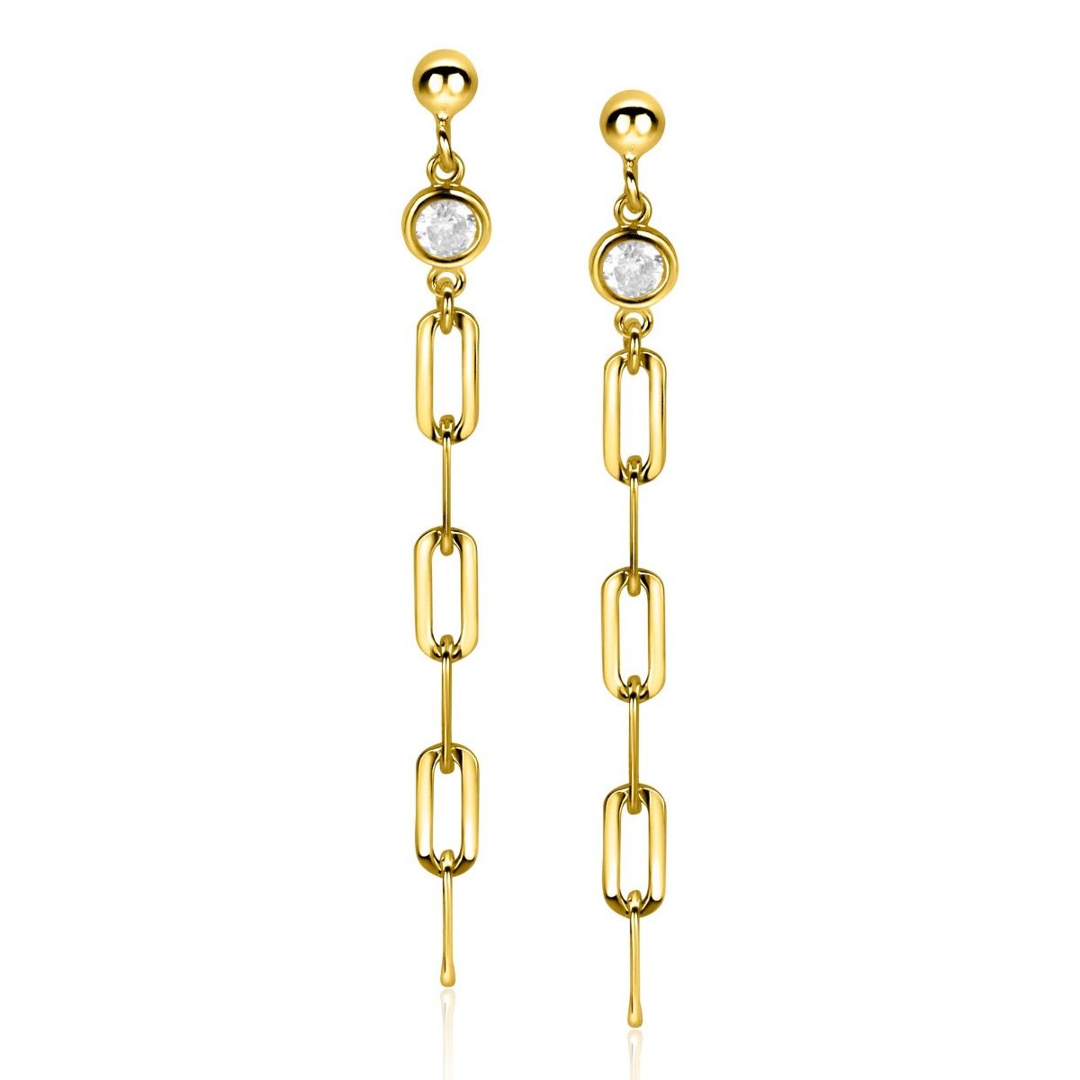 58mm ZINZI Gold Plated Sterling Silver Stud Earrings Long Paperclip Chain with White Zirconia ZIO2363Y