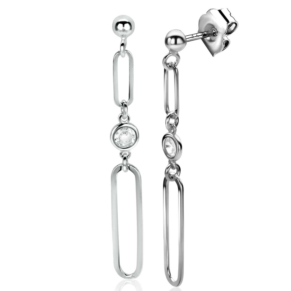 49mm ZINZI Sterling Silver Stud Earrings Long Paperclip Chains and Round White Zirconia ZIO2364