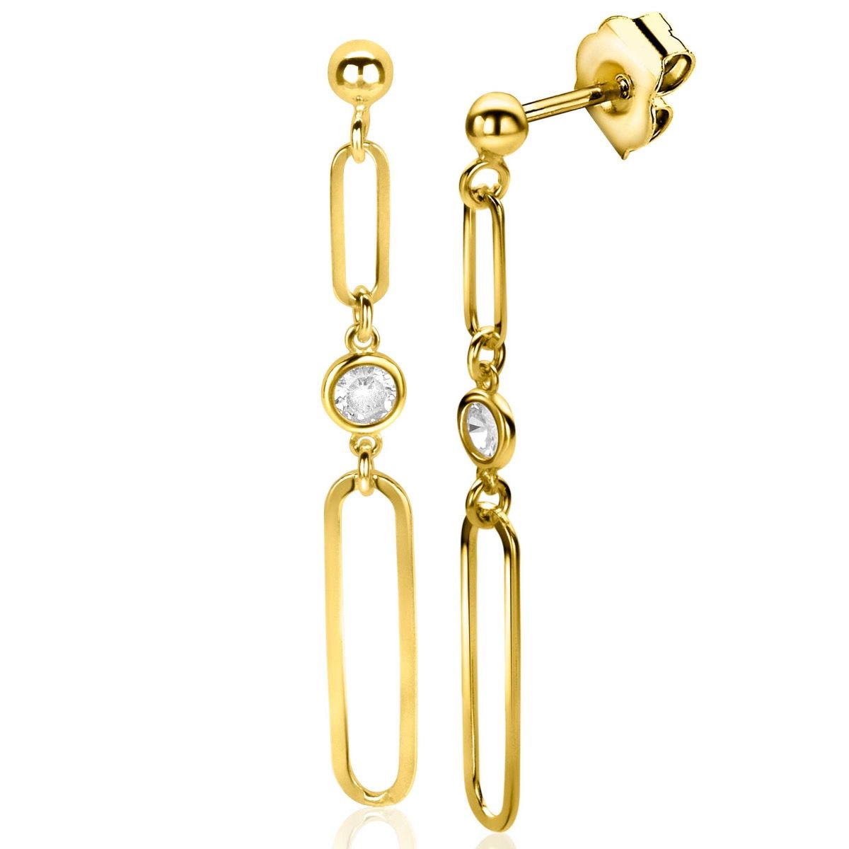 49mm ZINZI Gold Plated Sterling Silver Stud Earrings Long Paperclip Chains and Round White Zirconia ZIO2364Y