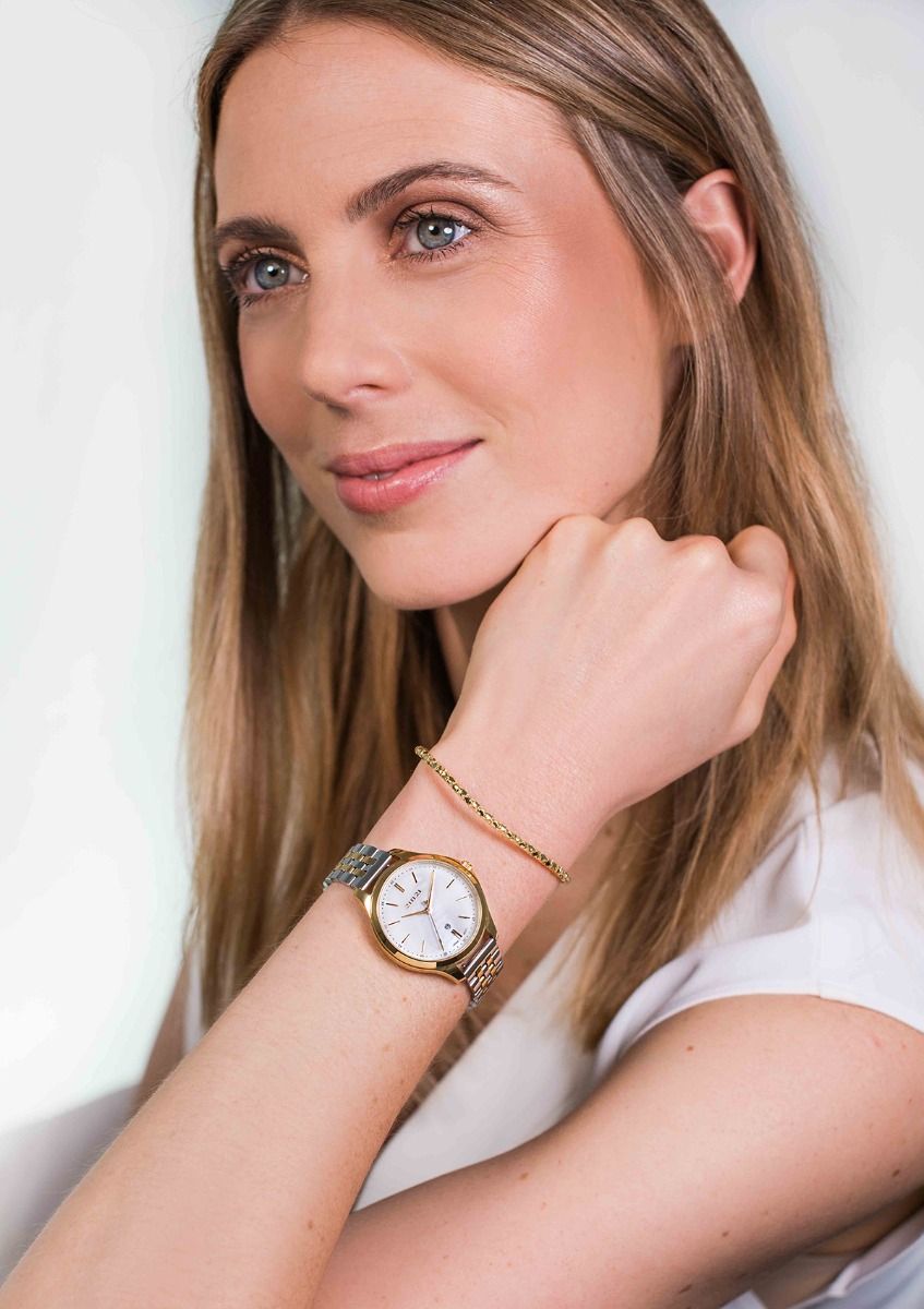 ZINZI Classy Watch 34mm White Mother-of-Pearl Dial Gold Colored Stainless Steel Case and Bicolor Strap with Date ZIW1034