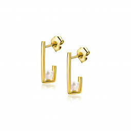 14mm ZINZI Gold 14 krt gouden oorstekers met rechthoekige vorm, bezet met een kleine witte parel ZGO416