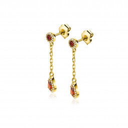 25mm ZINZI gold plated zilveren oorstekers met schakelkettinkje en druppelvormige rood granaat kleursteen en witte zirconia's ZIO2560