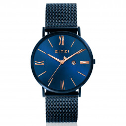 ZINZI Roman Watch 34mm Blue and Rose Gold Colored Dial Blue Stainless Steel Case and Mesh Strap  ZIW514M