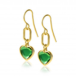 35mm ZINZI Gold Plated Sterling Silver Drop Earrings Oval Chain and Heart Pendant in Green Color Stone ZIO-BF68