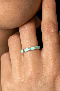 ZINZI Gold Plated Sterling Silver Stackable Ring Trendy Turquoise Enamel and White Zirconias 3mm ZIR2315T