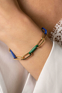 ZINZI gold plated zilveren armband met paperclip-schakels en trendy schakels in lapisblauw en malachietgroen 19cm ZIA2455