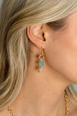 43mm ZINZI Gold Plated Sterling Silver Drop Earrings with 3 Trendy Square Color Stones in Pink and Turquoise ZIO2454