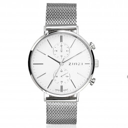 ZINZI watch Traveller witte wijzerplaat stalen kast met stalen mesh 39mm dual time ZIW740M