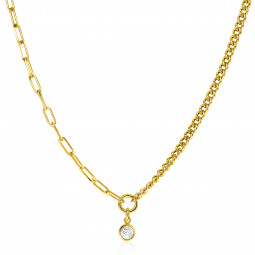 ZINZI Gold Plated Sterling Silver Necklace with 2 Trendy Chains Combined: Curb and Paperclip Chain. With a Dangling White Zirconia 40-45cm ZIC2480