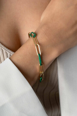 ZINZI Gold Plated Sterling Silver Bracelet Paperclip Chain with 3 Trendy Chains in Malachite Green 19cm ZIA2548