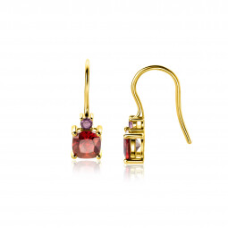 19mm ZINZI gold plated zilveren oorhangers met vierpootszettingen rood granaat en paarse kleurstenen ZIO2563H